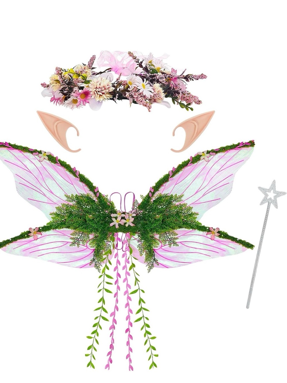 Whimsical Adult Fairy Wings w/Floral Crown Elf Ears Wand Pink